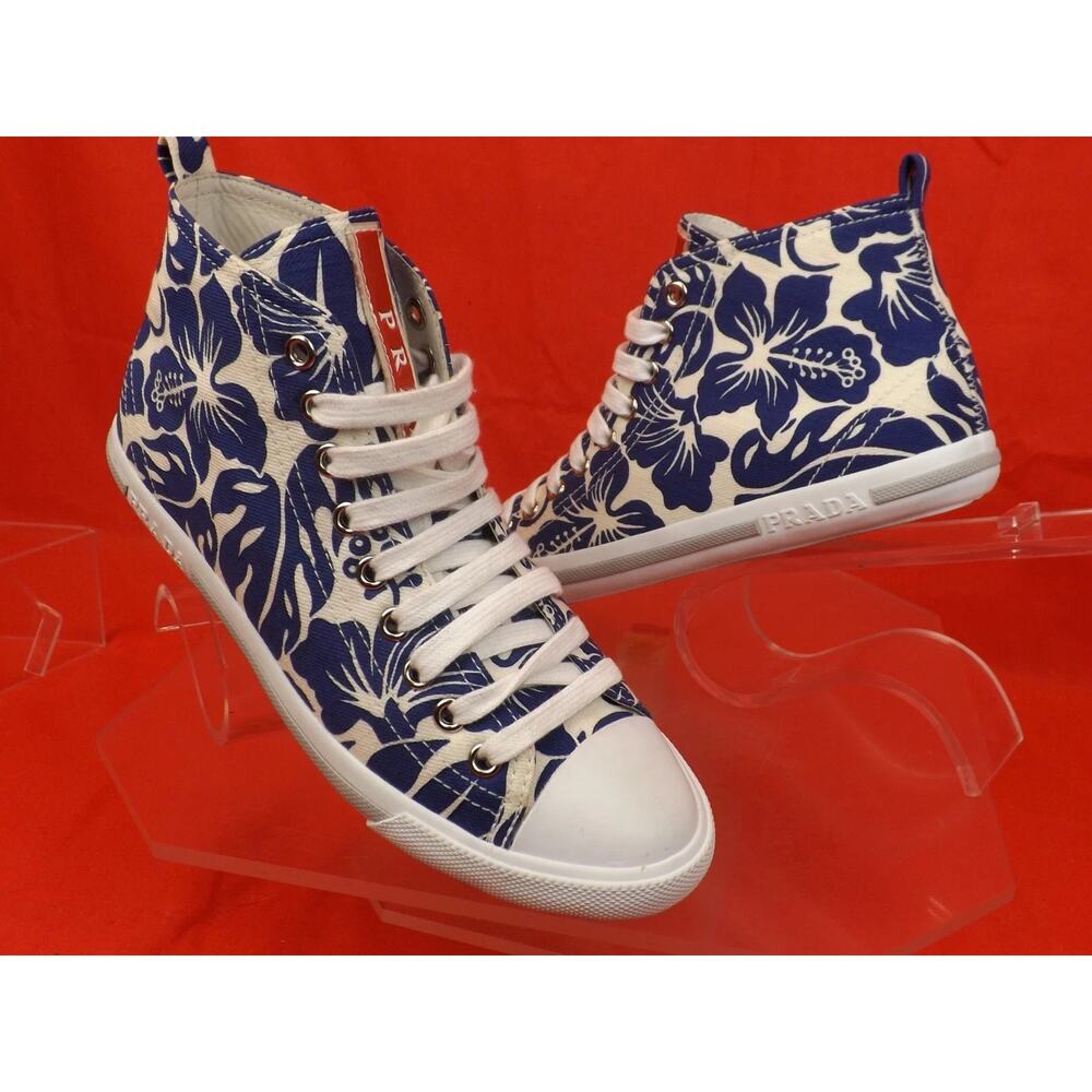 NIB PRADA 3T5731 WHITE BLUE FLORAL DENIM LEATHER CANVAS HIGH TOP SNEAKERS 35.5 - Picture 4 of 9